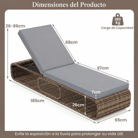 Espreguiçadeira de Jardim com encosto ajustável 185 x 65 x 26-86 cm, almofada e espaço de arrumação para piscina, pátio e jardim Cor do rattan PE: Cas