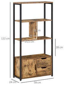 Estante para Livros com Armário e 2 Gavetas de Armazenamento Estante Estilo Industrial para Escritório Sala de Estar 58x24x122cm Marrom Rústico