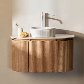 Conjunto De Móvel De Casa De Banho Suspenso Em Madeira Carsone Madeira Natural & Sem Unidade Auxiliar & Cerâmica Redonda Riscas Brancas - Sklum