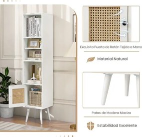 Estante em rattan estreito 29,5 x 29,5 x 137 cm com porta e prateleira ajustável para sala de estar Branco