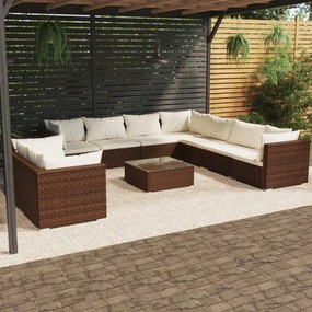 vidaXL 10 pcs conjunto lounge jardim c/ almofadões vime PE castanho