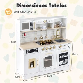 Cozinha de brincar em madeira para crianças com luzes e sons realistas 85 x 29 x 88 cm Branco