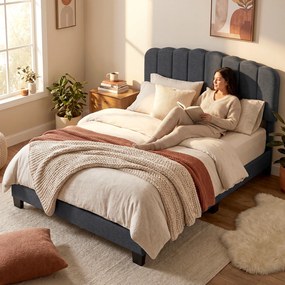 Cama de Casal Estofada 160x200 cm (COLCHÃO NÃO INCLUIDO) com Cabeceira Ajustável Acolchoada Ripas de Madeira Cinzento-Antracite