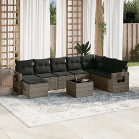 9 pcs conjunto sofás p/ jardim com almofadões vime PE cinzento