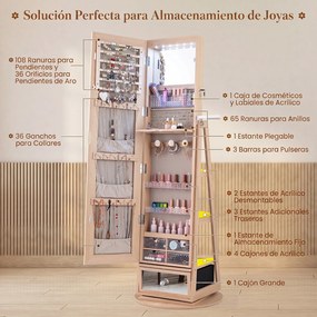 Armário para Joias com Espelho, 56 x 164 cm, Rotação de 360°, Natural