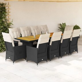 vidaXL 11 pcs conjunto de bistrô p/ jardim c/ almofadões vime PE preto