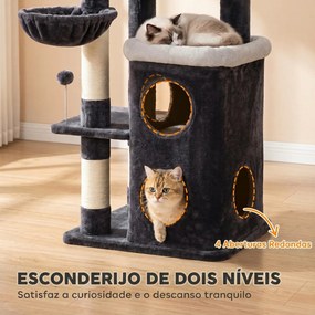 Árvore Arranhadora para Gatos 148 cm com Casota de 2 Níveis, Camas, Rede, Postes em Sisal e Bolas Suspensas