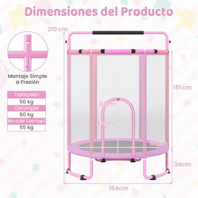 Trampolim Infantil Multifuncional, 154 x 154 x 210 cm, Design 6 em 1, Rosa