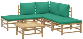 6 pcs conjunto lounge de jardim bambu c/ almofadões verdes