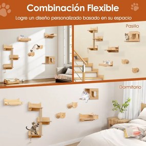 Conjunto de móveis de parede para gatos com 6 peças, rede, torre de salto com 3 níveis e 2 postes para arranhar, área de brincar natural