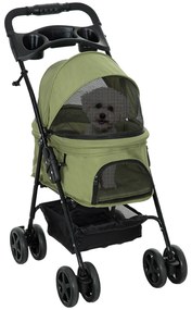 PawHut Carrinho de Passeio para Animais de Estimação Dobrável 4 Rodas Tecido Oxford 300D Cesto e Porta-copos Verde | Aosom Portugal