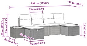 Conjunto de Sofá de 6 Peças com Almofadas Cinza Ratan Poliéster