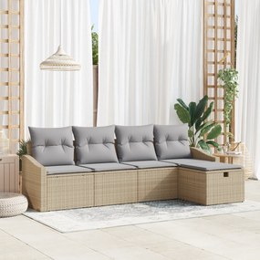 Conjunto de Sofá de Jardim de 5 Peças com Almofadas Bege Polyrattan
