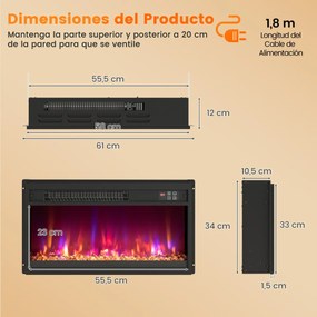 Lareira elétrica encastre 23” de 1500 W com comando à distância Temporizador Termóstato Preto