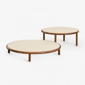 Conjunto De 2 Mesas De Centro Redondas Para Jardim Em Madeira De Acácia Olivia Beige Semoline & Castanho-acácia Escuro - Sklum