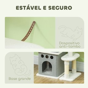 Arranhador para Gatos 126 cm com Caverna Plataformas Bolas Suspensas e Poste de Sisal 56x34x126 cm Cinza e Creme