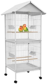 Gaiola para Pássaros 2 em 1 com 2 Andares Rodas 4 Comedouros 4 Poleiros e Bandejas Amovíveis  78x75x168 cm Branco