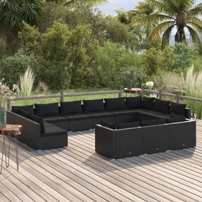 vidaXL 13 pcs conjunto lounge de jardim c/ almofadões vime PE preto