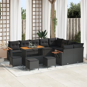 Conjunto de Sofá para Jardim com 13 Peças com Almofadas Preto Rattan Poliéster Acácia