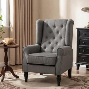 Poltrona de Sala, 86 x 74 x 102 cm, Encosto Alto Capitonado com Abas, Cinzento