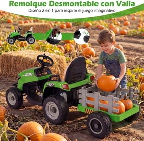Trator elétrico de 24 V, trator infantil com reboque rebatível e removível, controlo remoto, música e faróis LED, a partir dos 3 anos, Verde