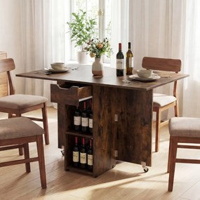 Mesa de jantar extensível 120 x 72 x 75 cm com 2 rodas; mesa de cozinha dobrável com prateleira, gaveta de 2 compartimentos e abas rebatíveis Castanha