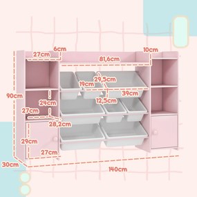 Móvel de Arrumação Infantil, 140 x 30 x 90 cm, com 8 Caixas Amovíveis, Cor-de-Rosa