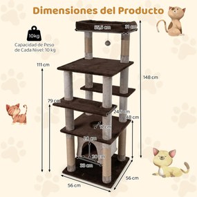 Arranhador Multinível para Gatos 148 cm com casa de Pelúcia Postes para Arranhar Buraco Pompom Castanho