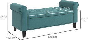 Banco de arrumação para colocar ao pé da cama com braços, tecido de veludo estofado e capitonado, 126 x 48,5 x 57 cm, verde