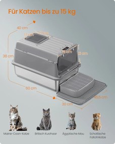 Caixa de areia para gatos 60 x 40 x 38 cm em aço inoxidável com tampa e acessórios, cinzento