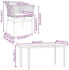 Conjunto de jantar jardim 7 peças almofadas vidro vime PE preto