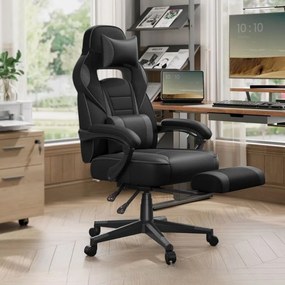 Cadeira gaming com apoio para os pés, apoio para a cabeça e almofada lombar, preto e cinza-ardósia