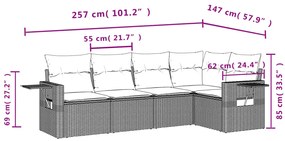 5 pcs conjunto de sofás p/ jardim com almofadões vime PE bege