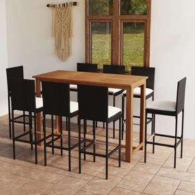 9 pcs conjunto de bar para jardim com almofadões preto