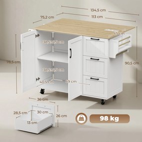 Ilha de Cozinha 134,5x75,2x90,5 cm com Tampo Extensível Estação de Carregamento Rodas 2 Portas 3 Gavetas Suporte para Especiarias e Barra para Toalhas