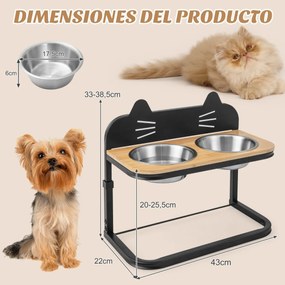 Comedouro de gato elevado Suporte elevado com 2 tigelas de aço inoxidável para comida e água Estrutura de metal com 3 alturas ajustáveis