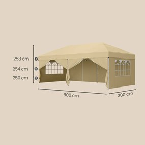 Tenda dobrável de 6 x 3 m, com paredes laterais, resistente, pavilhão para jardim Bege