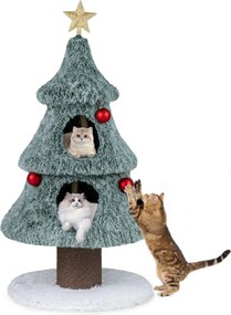 Arranhador em forma Árvore de Natal para gatos de interior 59 x 59 x 123 cm com 2 cavernas e Bolas pendentes verde