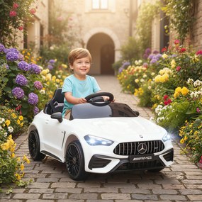 Carro elétrico infantil Mercedes AMG CLE 53, 12 V, 2 motores, crianças 2 a 6 anos comando à distância para os pais de 2,4 GHz, 99 x 55 x 43 cm, branco