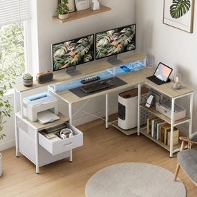 Secretária de canto 172 C x 100 P x 89 A cm com tomadas e luzes LED RGB, secretária para computador, suporte para ecrã, 2 gavetas tecido, branca e beg