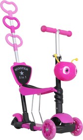 Trotinete 5 em 1 para Crianças com 3 Rodas Assento Removível e Guiador Ajustável Carga Máxima 50 kg 62x25x72,5 cm Rosa