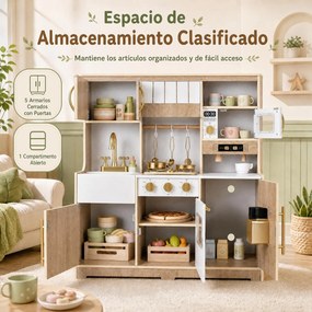 Cozinha Infantil de Brincar, 84 x 30 x 90 cm, Placa com Luz e Som, Natural+Branco
