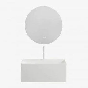 Conjunto De Móvel De Casa De Banho Suspenso Em Resina Com Lavatório Integrado E Luz Led Nerine Branco & Redondo Led E Anti-embaciamento - Sklum