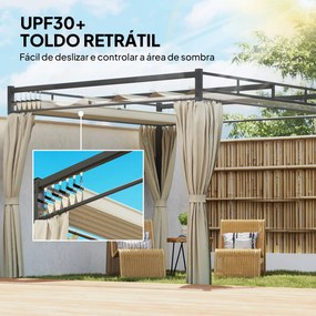 Pérgola de Jardim 295x295x221 cm com Teto Retrátil e Cortinas UPF30+ Estrutura Metálica Pérgola para Exterior Bege