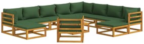 12 pcs conj. lounge jardim madeira c/almofadões verdes