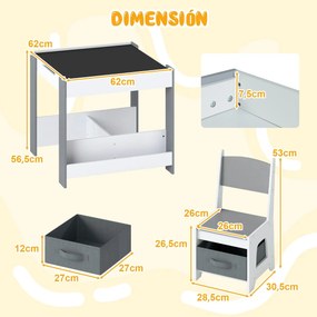 Conjunto de mesa e cadeiras para crianças Mesa de atividades em madeira com tampo reversível Prateleiras para livros e gavetas Cinzento + Branco