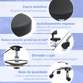Banco Giratório com Rodas e Encosto Apoio para Pés Altura Ajustável Estofado em Couro Sintético 52x52x78-92 cm Preto