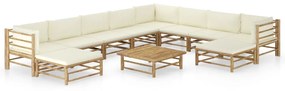 vidaXL 11 pcs conj. lounge jardim em bambu c/ almofadões branco nata
