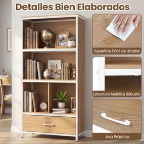 Estante de 4 níveis 68 x 30,5 x 151,5 cm com 4 compartimentos abertos e gaveta dobrável em tecido; Estrutura metálica para quarto ou escritório, em to