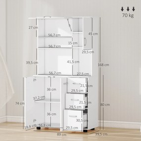 Armário de cozinha  89 x 39,5 x 168 cm com vários compartimentos, 4 portas, 3 gavetas, prateleira + tabuleiro grande, branco